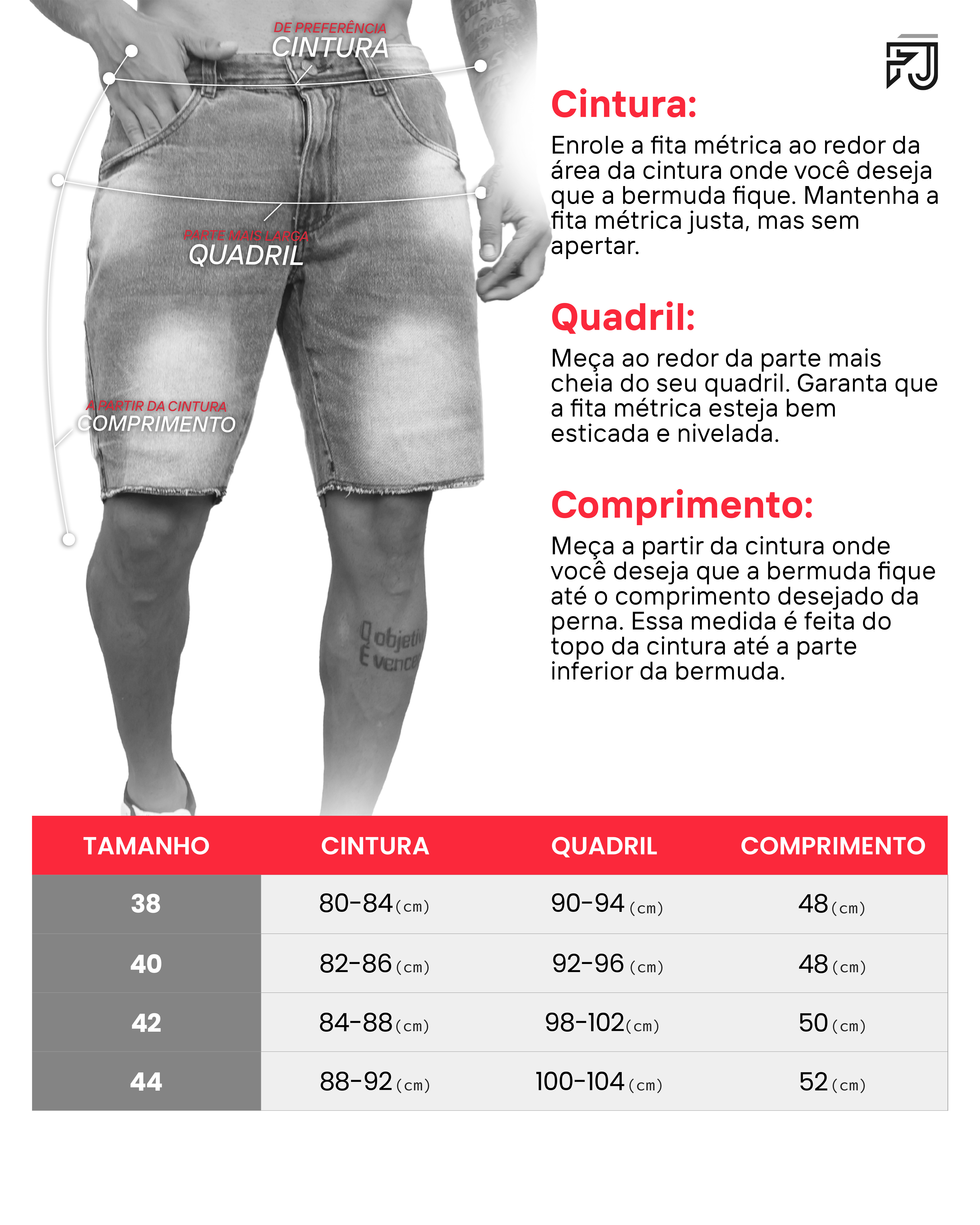 Tabela de medidas shorts sarja